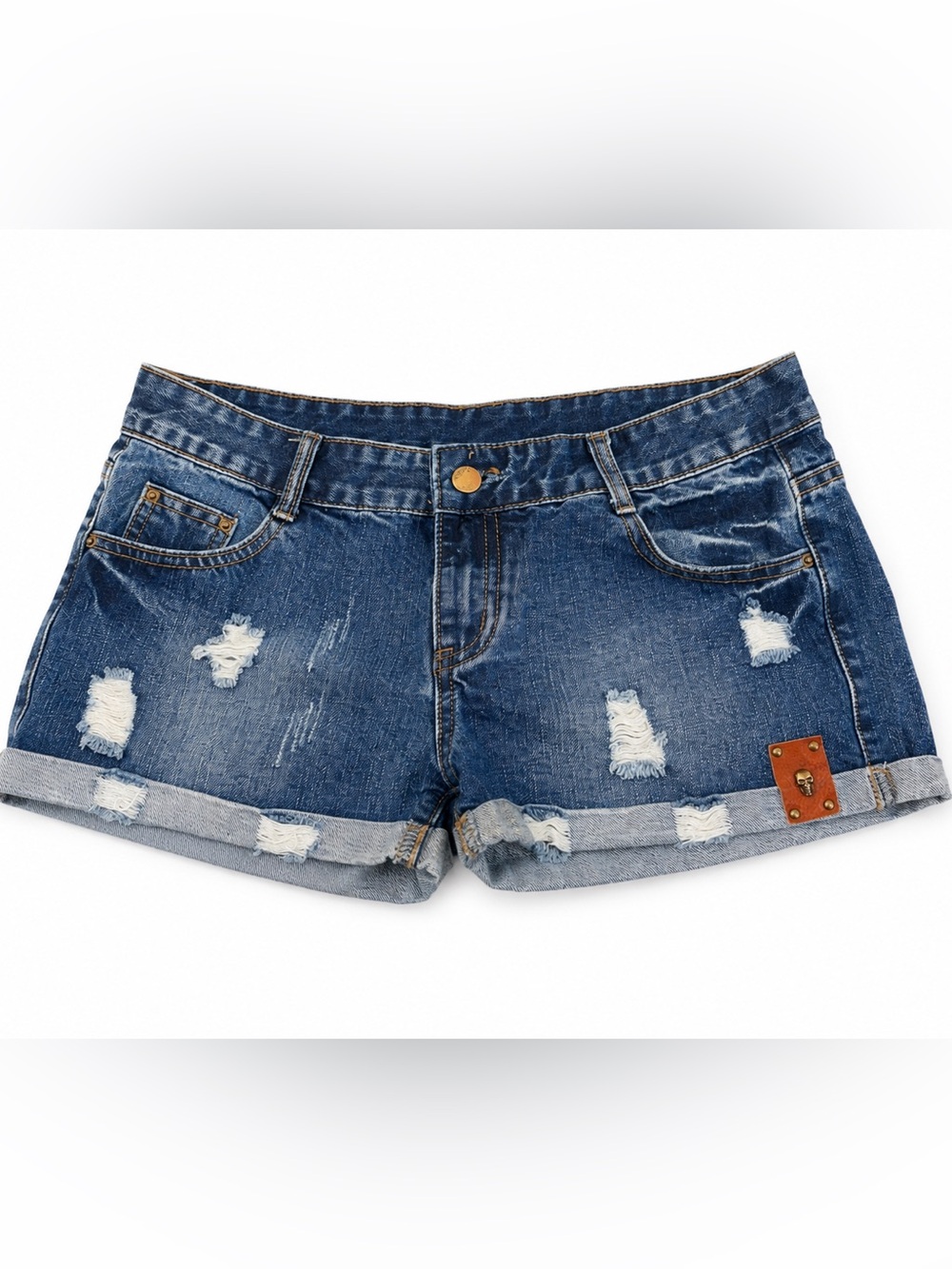 Boutique Distressed Denim Shorts Skull Stud Detail  Stretch Blue Size M